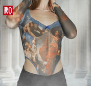 Blue Rococo mesh bodysuit top, long sleeves, classic art design