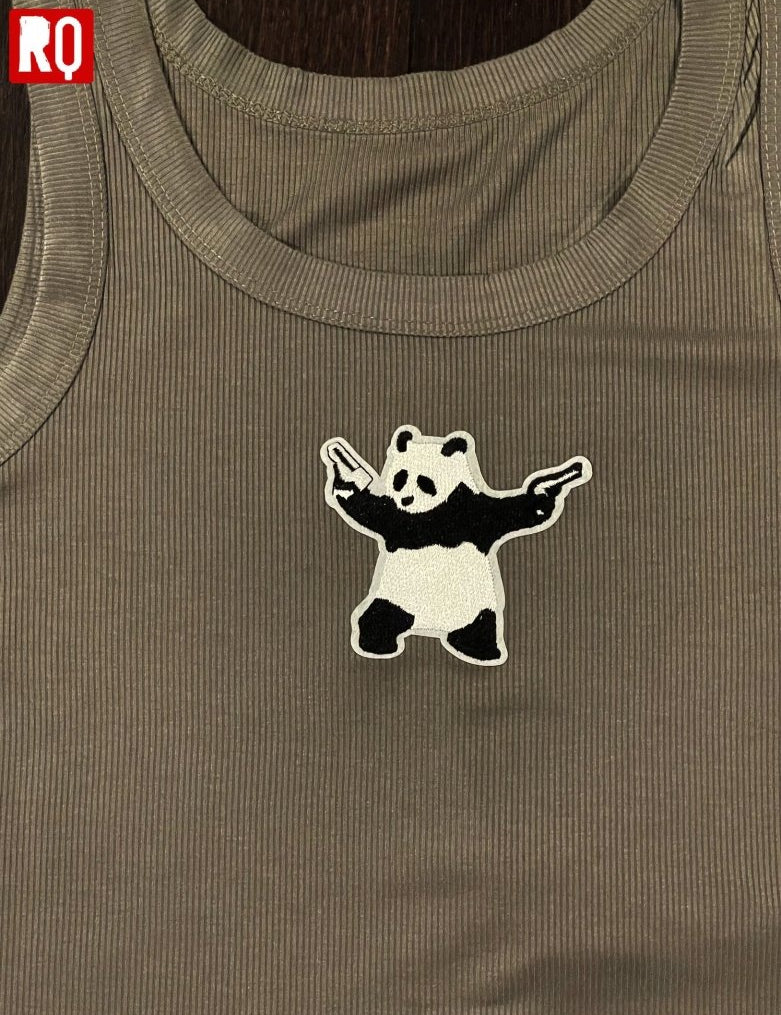 Triggered Panda women's tank top, army green, bad ass top, embroidery - rage quit