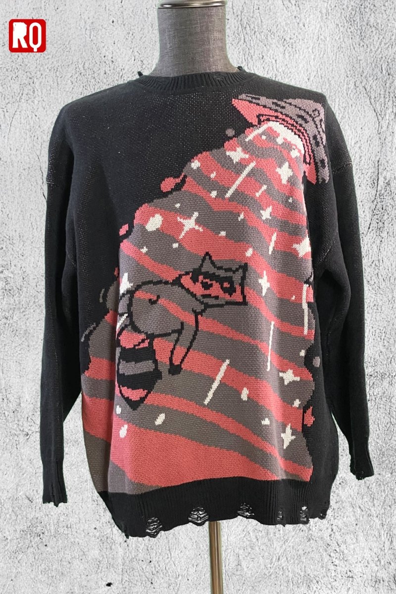 UFO takes Raccoon Knitted distressed sweater - rage quit