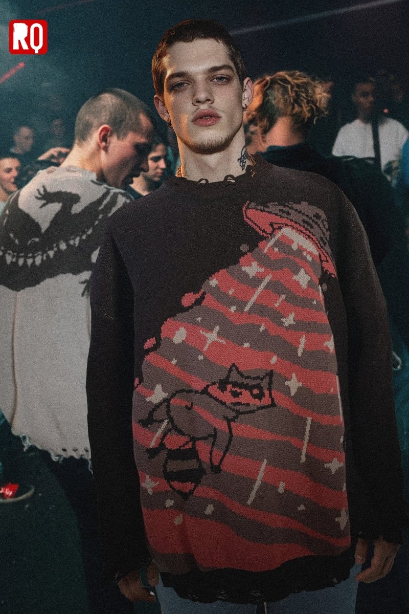 UFO takes Raccoon Knitted distressed sweater - rage quit