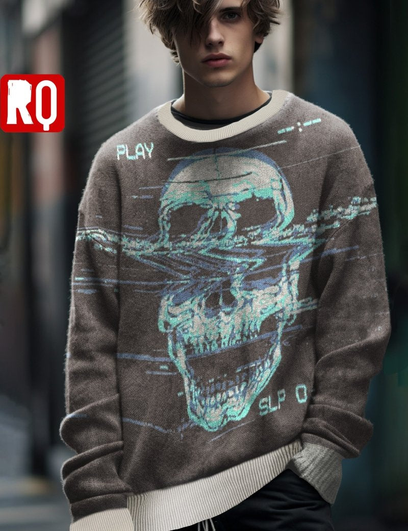 VHS glitch skull knitted sweater - rage quit