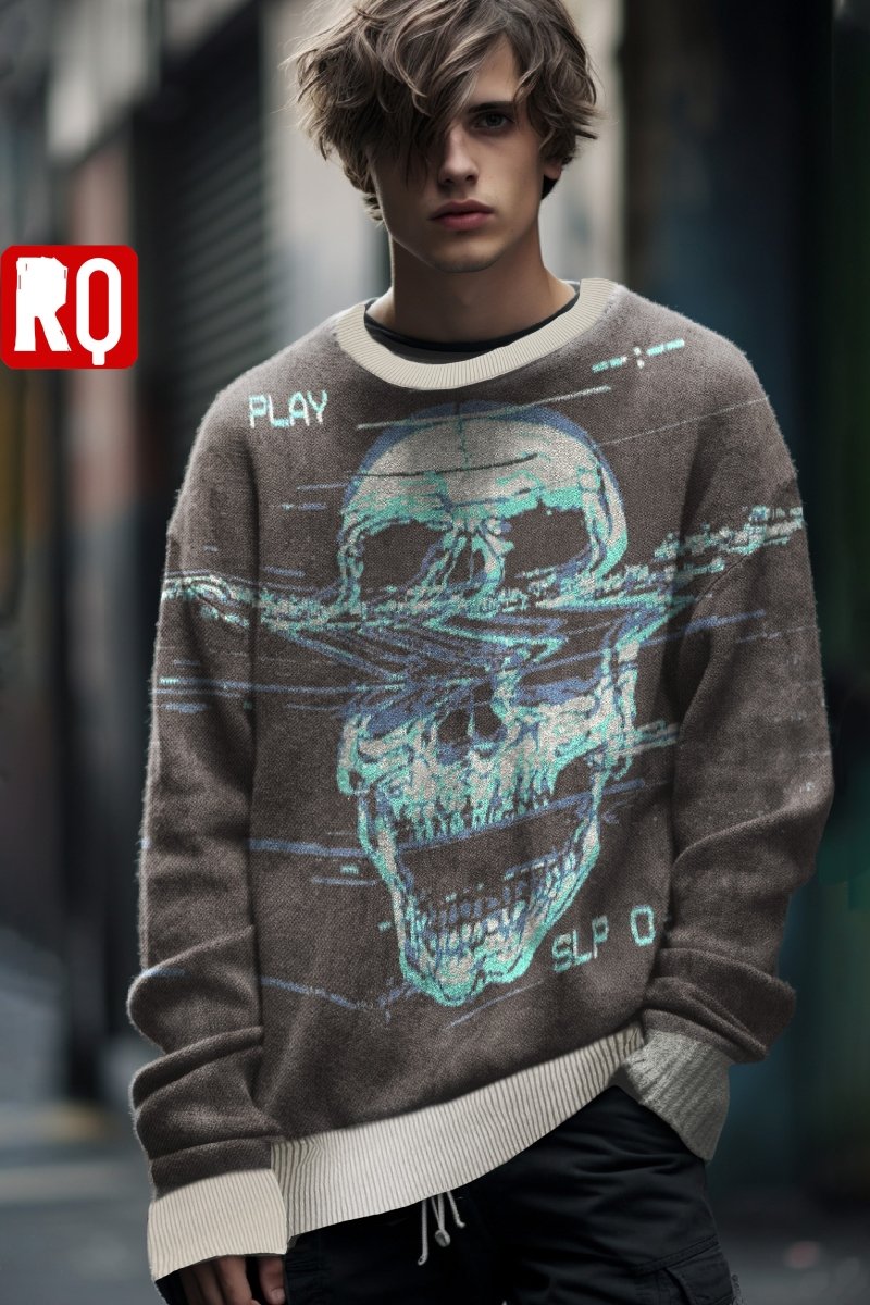 VHS glitch skull knitted sweater - rage quit