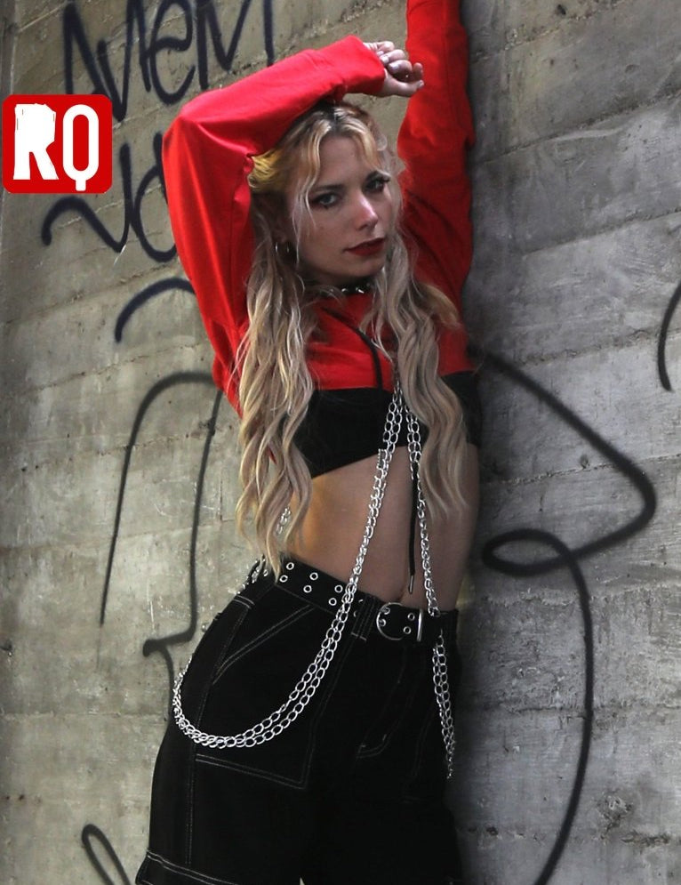 women long sleeves hooded crop top, bust out cut with decorative chains, punk attitude hoodie - rage quit