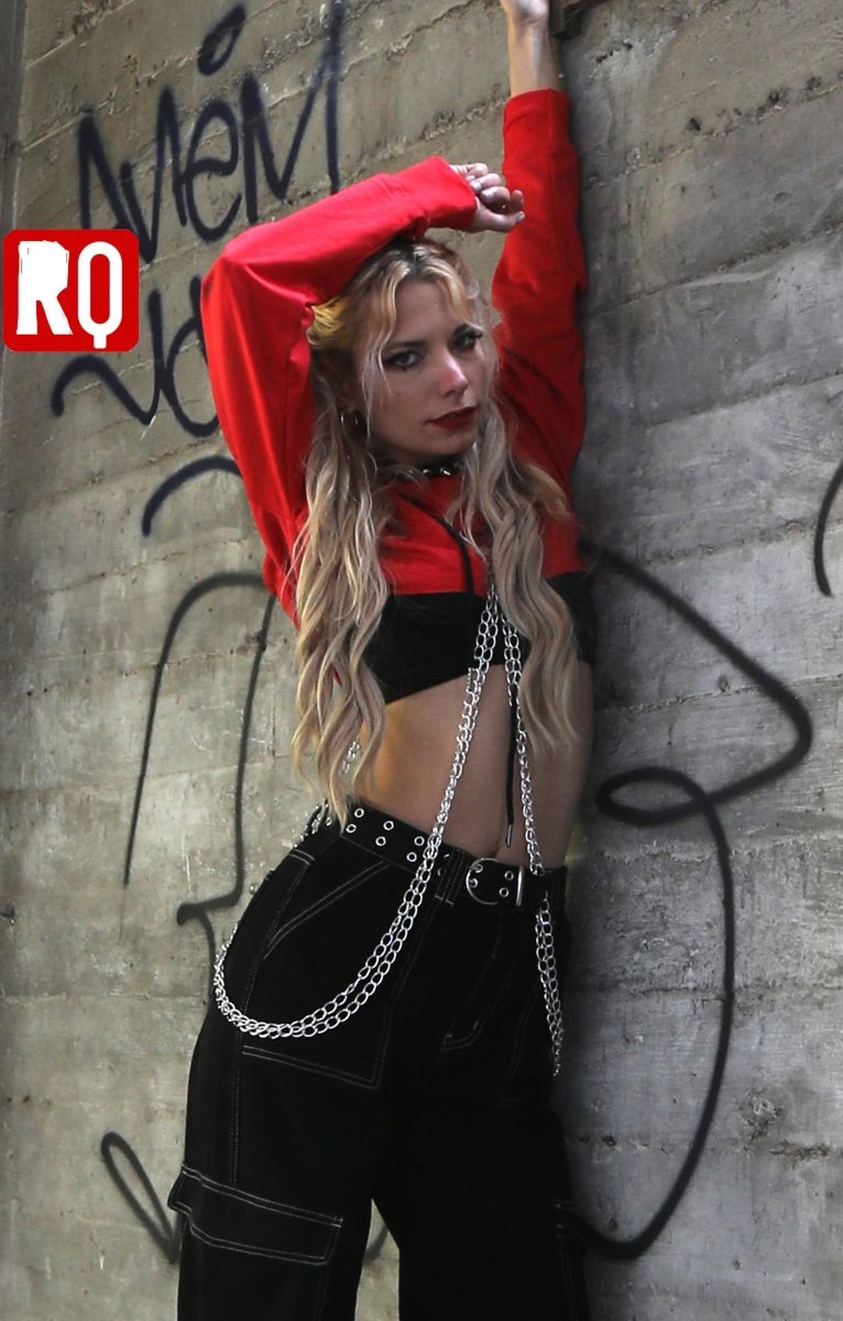 women long sleeves hooded crop top, bust out cut with decorative chains, punk attitude hoodie - rage quit