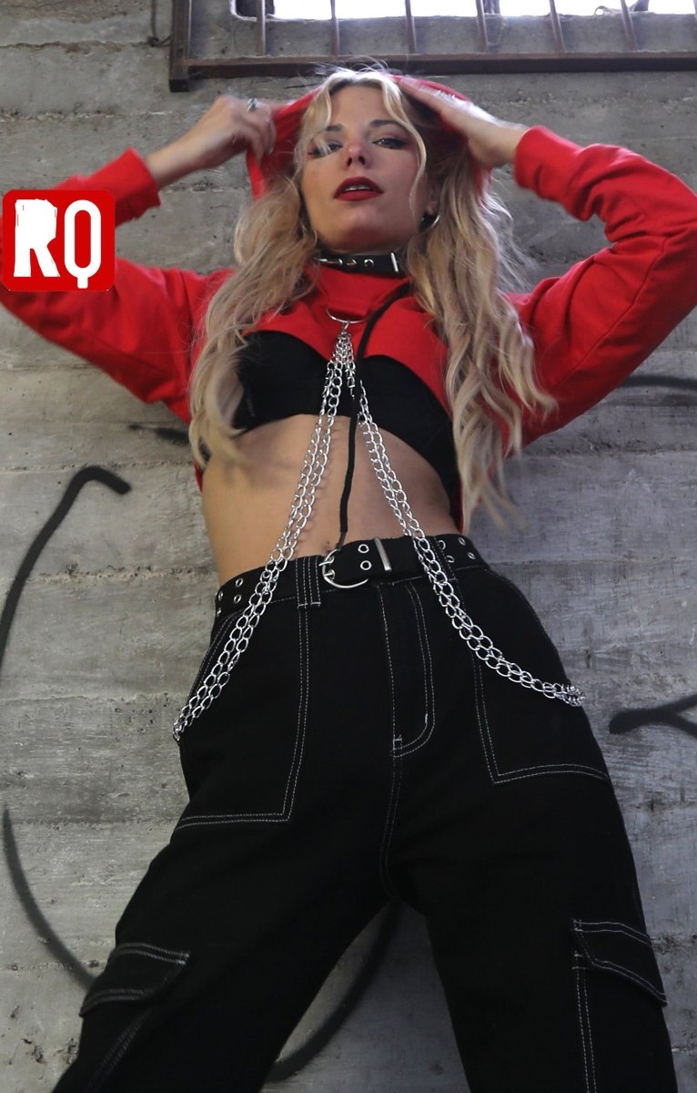 women long sleeves hooded crop top, bust out cut with decorative chains, punk attitude hoodie - rage quit