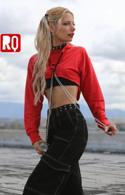 women long sleeves hooded crop top, bust out cut with decorative chains, punk attitude hoodie - rage quit