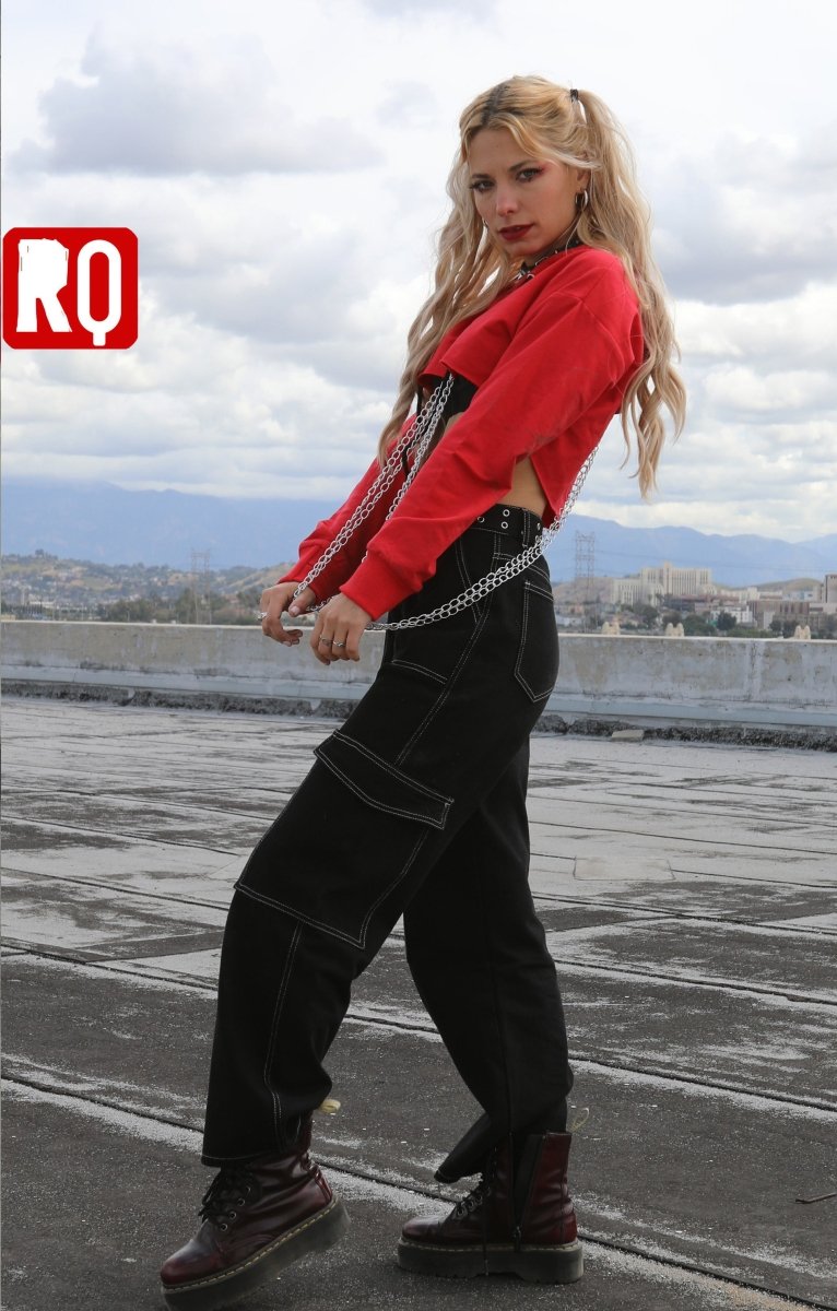 women long sleeves hooded crop top, bust out cut with decorative chains, punk attitude hoodie - rage quit