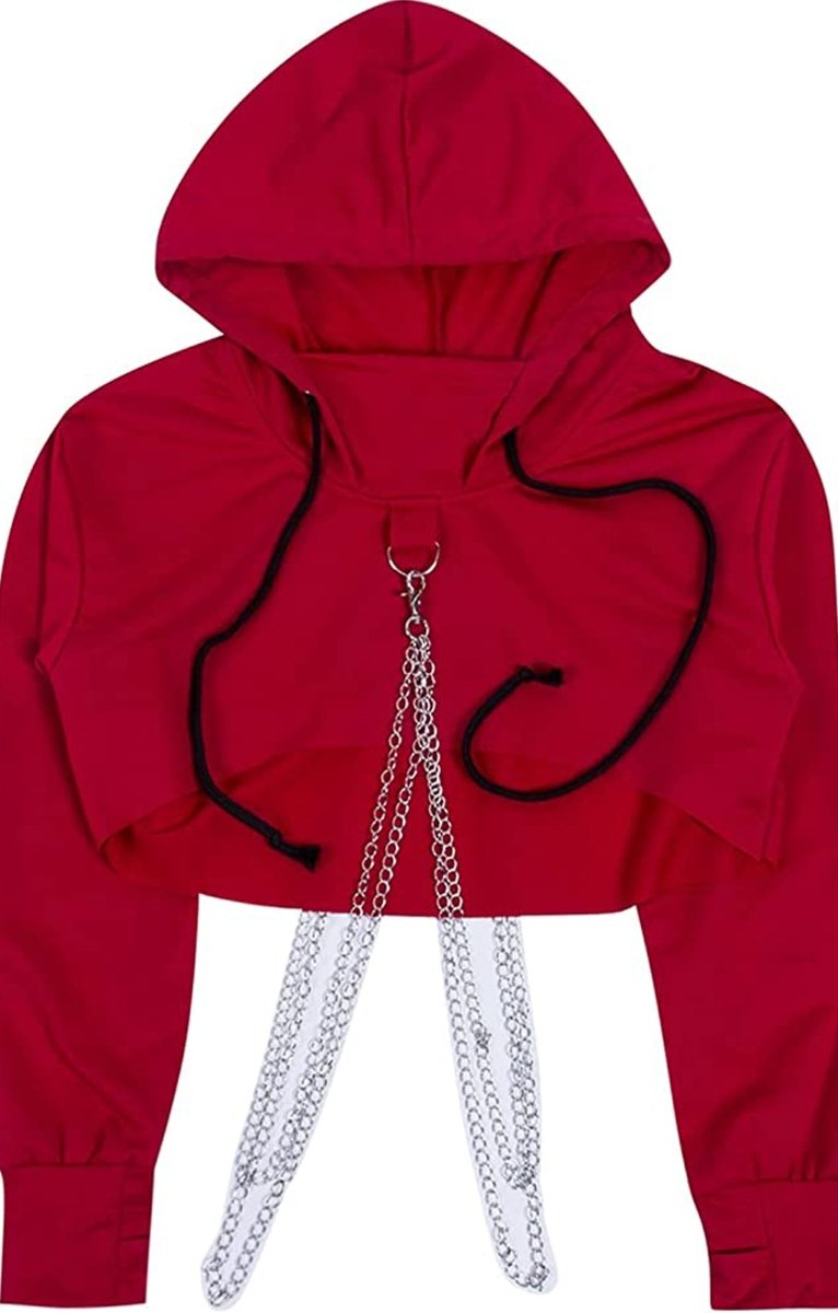 women long sleeves hooded crop top, bust out cut with decorative chains, punk attitude hoodie - rage quit