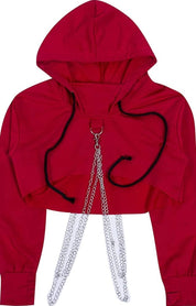 women long sleeves hooded crop top, bust out cut with decorative chains, punk attitude hoodie - rage quit